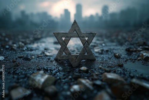 A silver star with a blue background. The star is surrounded by rocks and the background is a city. Concept on the topic of anti-Semitism
