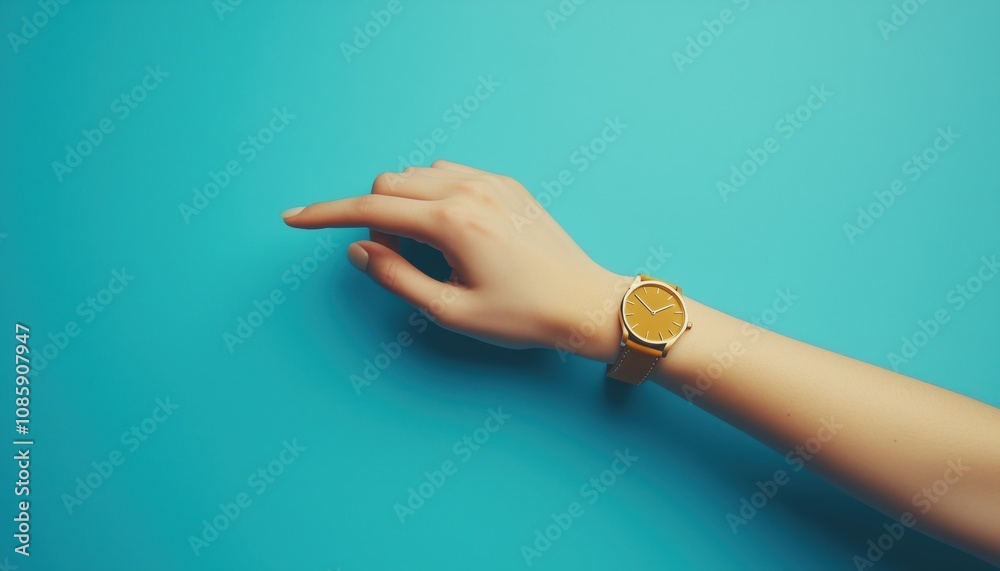 Elegant Female Hand Featuring A Stylish Golden Wristwatch Against A Blue Background, Perfect For Adding Text, Creating A Chic Look. Elegant Female Hand Featuring A Stylish Golden Wristwatch Against A Blue Background, Perfect For Adding Text, Creating A Chic Look.