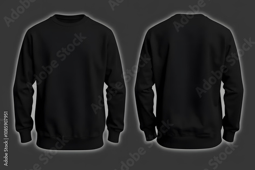 Front and back view of a plain black sweatshirt on a dark background. Ideal for fashion or apparel presentations.