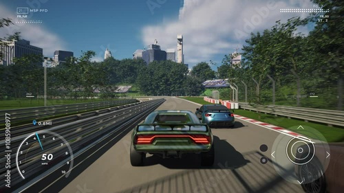 Driving on the virtual racing track in a new smartphone simulator. Driving quick cars on the digital track. Driver crashes the supercar in the racing track mission of a video game. Circuit.