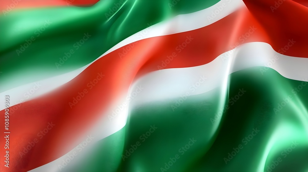 Vibrant Flag of a Diverse Nation with Rich Colors and Smooth Fabric Texture, Organic Waves Highlighting Green, Red, and White Tones in High Definition Vibrant Flag of a Diverse Nation with Rich Colors and Smooth Fabric Texture, Organic Waves Highlighting Green, Red, and White Tones in High Definition