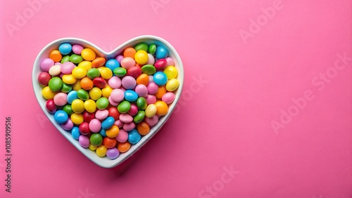 Colorful dragee candies in heart-shaped bowl on pink background