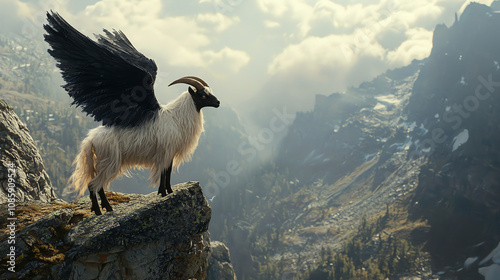 A goat with crow wings stands majestically on a rocky ledge overlooking a breathtaking mountain landscape during daytime photo