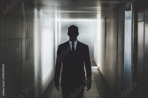 An image depicting a business setting where a person is interacting with a ghostly figure, symbolizing an absent or distant boss or manager. The boss or manager appears translucent or ghost-like