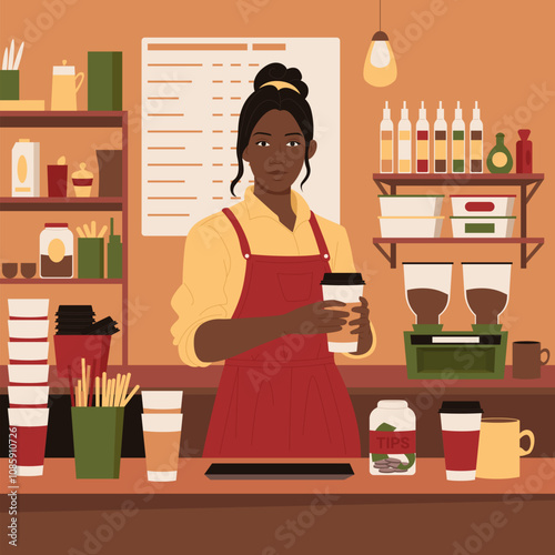 Barista in coffee shop interior with coffee machine, milk and sweet sauces on shelves. Young woman standing, making hot caffeine drink in takeaway cup to serve to client cartoon vector illustration