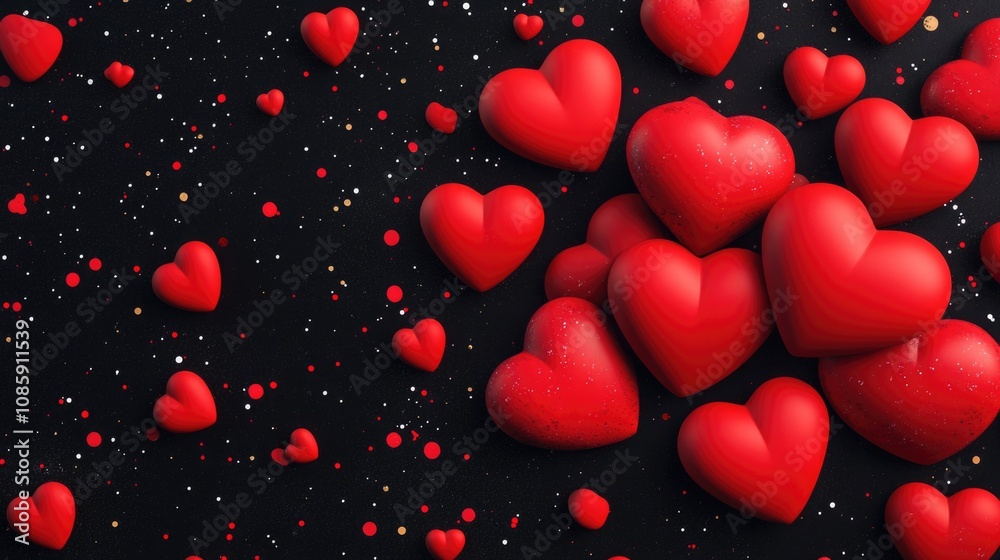 Vibrant red hearts on black background with glittering confetti. Happy Valentine's Day. 14 february. Vibrant red hearts on black background with glittering confetti. Happy Valentine's Day. 14 february.