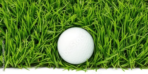 White golf ball sitting on vibrant green grass against a clean white background, minimalistic, golf