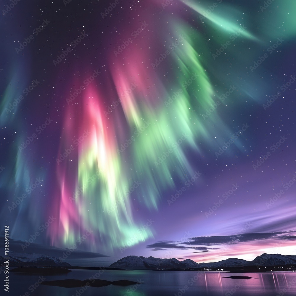 a stunning display of the Northern Lights, or Aurora Borealis, in the night sky. The lights are a mix of vibrant colors, including shades of green, pink, and purple, creating a beautiful, flowing patt a stunning display of the Northern Lights, or Aurora Borealis, in the night sky. The lights are a mix of vibrant colors, including shades of green, pink, and purple, creating a beautiful, flowing patt