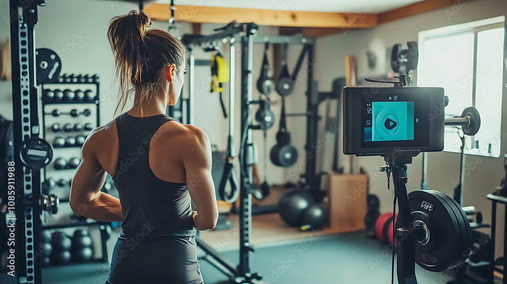 Fototapeta premium Fitness trainer recording a side hustle YouTube video in a home gym (1)