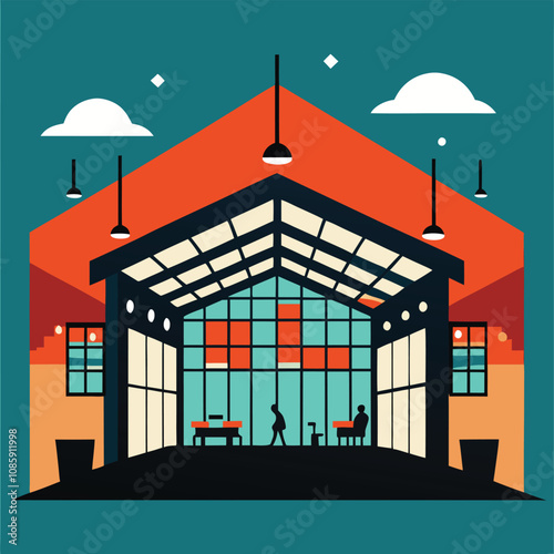 Vector illustration of a modern city building at night with urban architecture