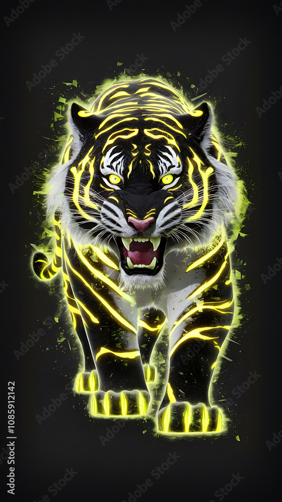 tiger art illustration design line art and 3d style colorful glowing