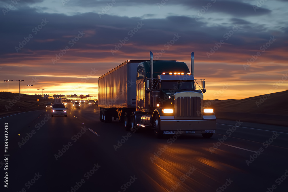 Blue American style semi truck on a highway at the sunset pulling load. Concept of transportation and logistics. Blue American style semi truck on a highway at the sunset pulling load. Concept of transportation and logistics.