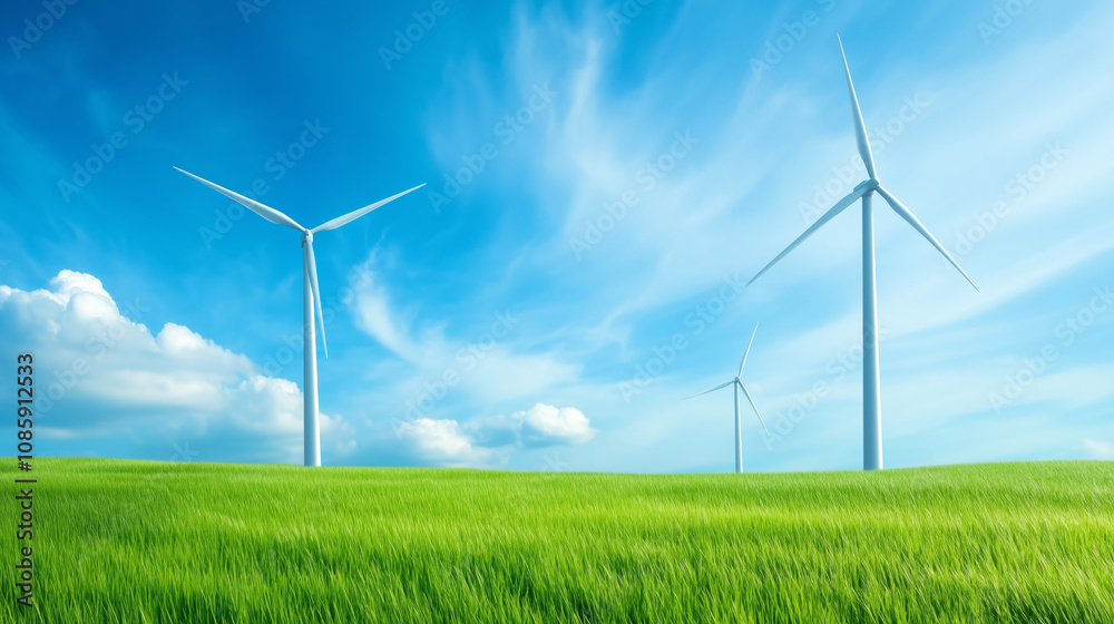 Wind turbines in a lush green field under a bright blue sky on a sunny afternoon Wind turbines in a lush green field under a bright blue sky on a sunny afternoon