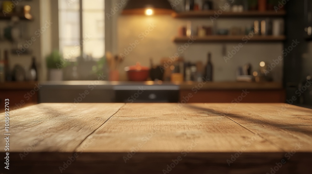 A beautifully designed wooden kitchen counter in a contemporary setting, featuring a softly blurred background of neatly arranged shelves and warm lighting, creating a cozy and inviting atmosphere