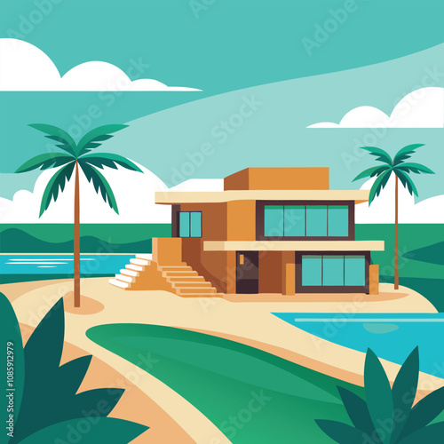 Tropical island resort hotel with palm trees on a sunny beach, perfect for a summer ocean vacation