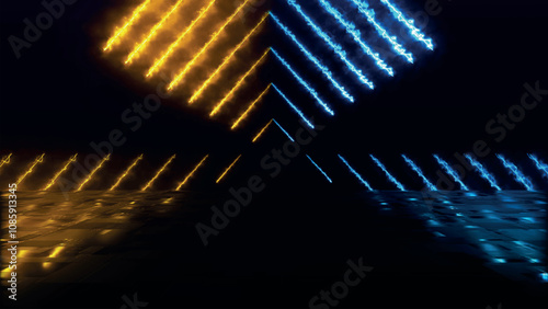 Abstract colorful background with bright neon beams and glowing lines reflecting on the floor. Clean reflective dark surface. Sci-fi futuristic scene, empty background. Vector illustration.