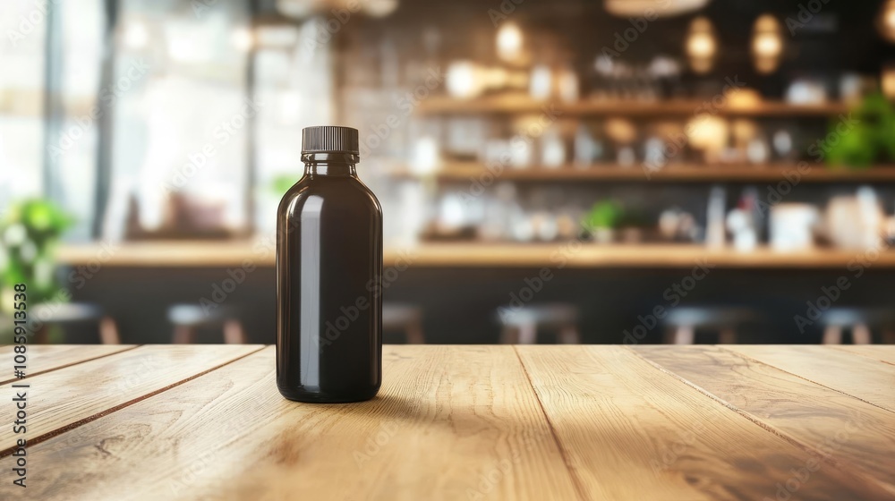 A sleek black bottle stands prominently on a wooden table, set against a blurred cozy caf interior, perfect for product showcasing A sleek black bottle stands prominently on a wooden table, set against a blurred cozy caf interior, perfect for product showcasing