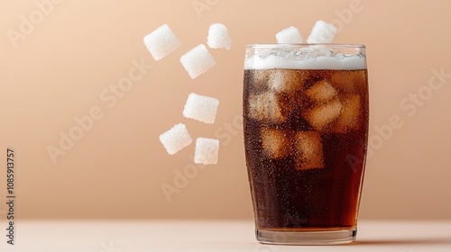 A refreshing glass of cola with ice cubes, set against a soft background, highlighting the fizzy beverage and a few falling sugar cubes. photo