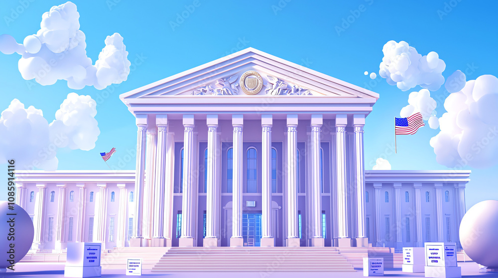 Obraz premium A grand government building featuring tall pillars, flags, and a clear blue sky creating an inviting civic atmosphere