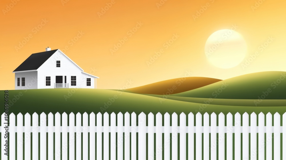 Sunrise Over Rolling Hills with Cozy White House and Picket Fence