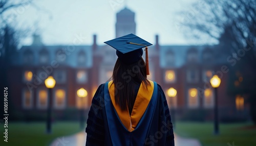 Graduate In Cap And Gown Faces Blurred Building Resembling Educational Institution, Standing With Back To Camera. Graduation Scene Captured.