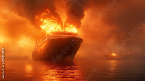 Large ship engulfed in flames at sea during a dramatic fire incident at dusk photo