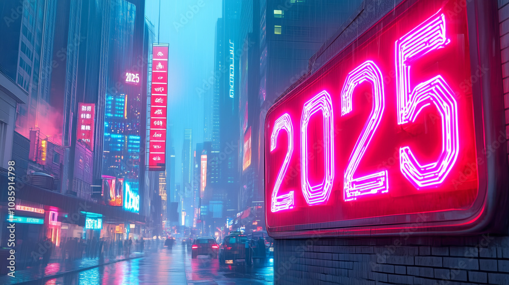 Bright neon sign displaying 2025 in a bustling city street at night with rainy weather Bright neon sign displaying 2025 in a bustling city street at night with rainy weather