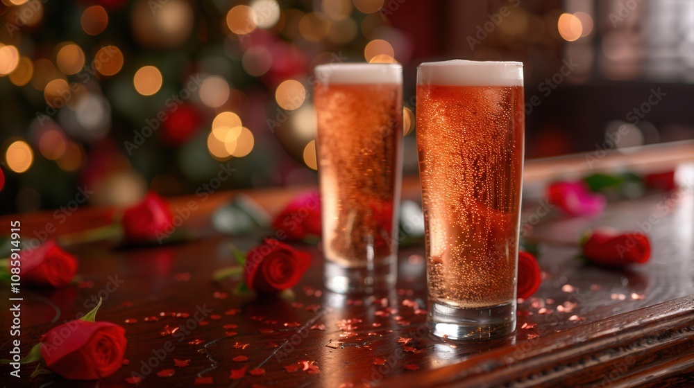 two tall glasses filled with a golden, frothy beverage, likely beer, placed on a wooden bar counter. The glasses have a layer of foam on top. Scattered around the glasses on the counter are red rose two tall glasses filled with a golden, frothy beverage, likely beer, placed on a wooden bar counter. The glasses have a layer of foam on top. Scattered around the glasses on the counter are red rose