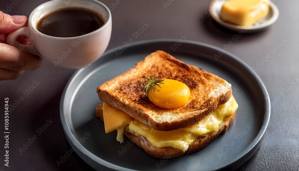 Breakfast sandwich with egg and cheese, served on a gray plate with coffee and a hand holding the sandwich Breakfast sandwich with egg and cheese, served on a gray plate with coffee and a hand holding the sandwich