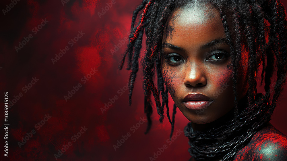 Close-up artistic portrait in red representing the emotion and awareness themes for the International Day for the Abolition of Slavery. Close-up artistic portrait in red representing the emotion and awareness themes for the International Day for the Abolition of Slavery.