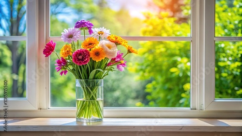 Fototapeta Naklejka Na Ścianę i Meble -  Colorful flowers in front of a bright window