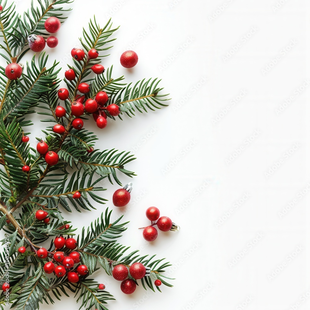 a festive arrangement of evergreen branches and red berries. The branches, which resemble those of a pine or fir tree, are adorned with clusters of small, round, bright red berries a festive arrangement of evergreen branches and red berries. The branches, which resemble those of a pine or fir tree, are adorned with clusters of small, round, bright red berries