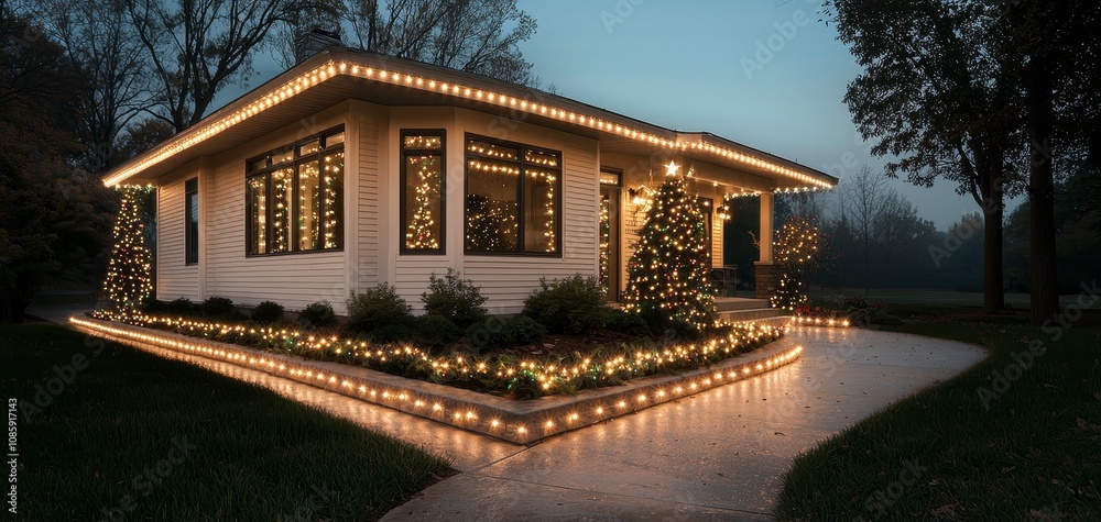 Festive Christmas House with Warm Lights and Tree in Dusky Evening Setting Festive Christmas House with Warm Lights and Tree in Dusky Evening Setting