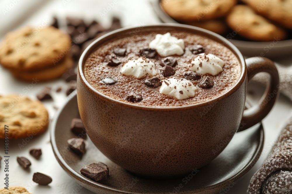 Casual snacking with cookies and hot chocolate on a winter evening, Casual snacking with cookies and hot chocolate on a winter evening,
