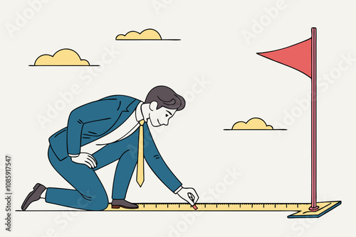 vector illustration of a business man measuring the distance to a red flag representing goal setting and planning.