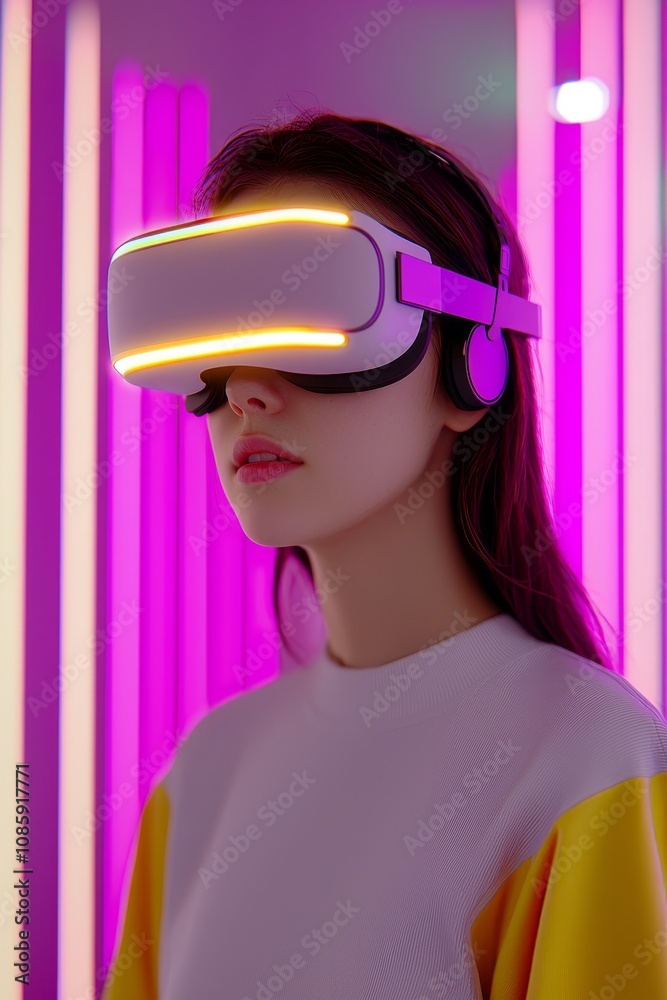 Futuristic Woman in White VR Headset with Ambient Pink Lights Futuristic Woman in White VR Headset with Ambient Pink Lights