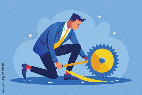 vector illustration of a business man sharpening a saw representing preparation and efficiency.