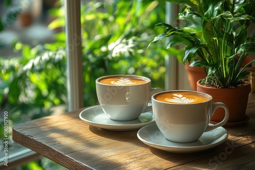 Coffee shop conversations by window table, soft sunlight filtering in,