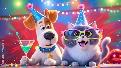 Festive dog and cat in party hats, enjoying a drink.