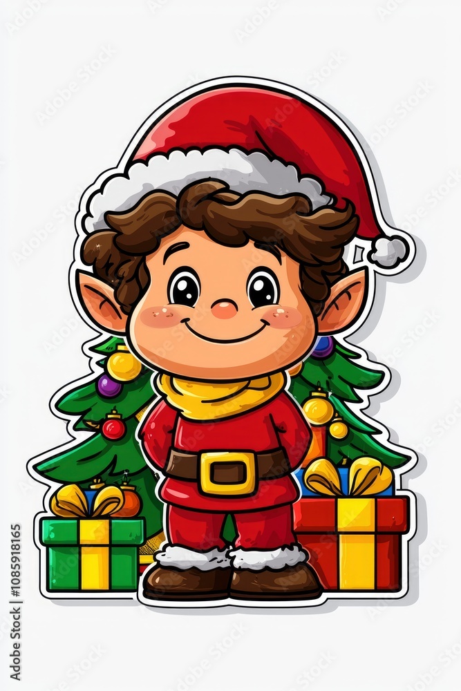 Adorable Christmas Elf Cartoon Illustration with Presents and Christmas Tree Adorable Christmas Elf Cartoon Illustration with Presents and Christmas Tree