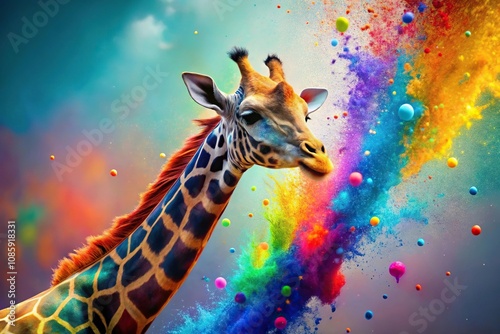 Colorful giraffe splashing in paint explosion from high angle view photo