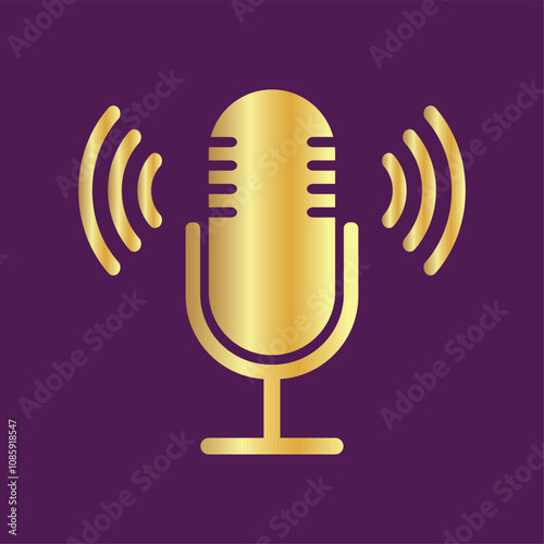 The golden microphone icon in a flat style isolated on a purple background. Logo, application, user interface. Podcast radio icon. Studio microphone broadcast. Recording Studio. Voice vector icon.