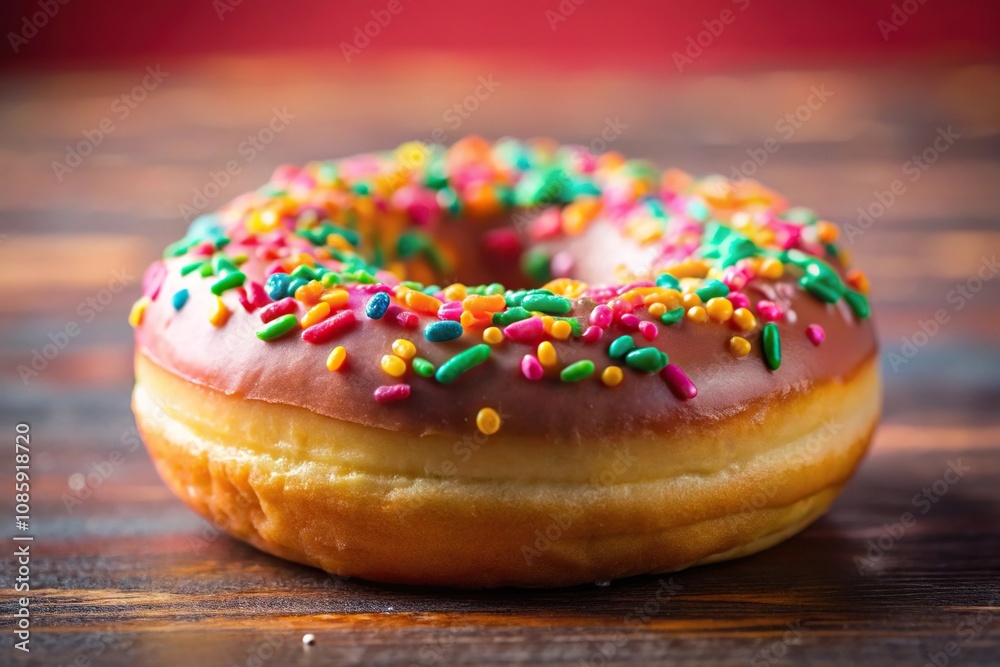 Colorful glazed donut with sprinkles in focus, background blurred Colorful glazed donut with sprinkles in focus, background blurred