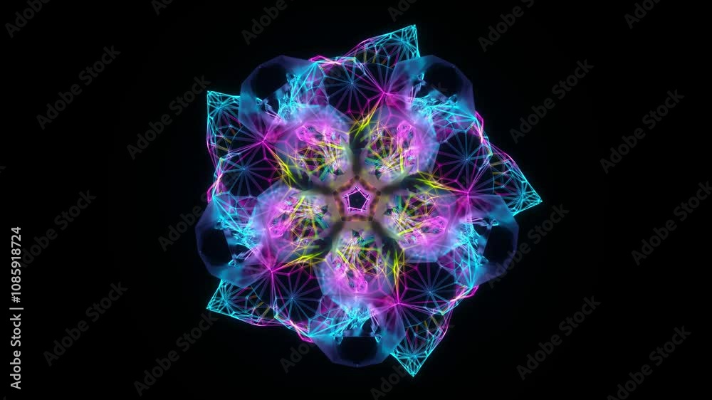 3d render of abstract art video of surreal alien fractal symmetry glass flower mandala symbols in transformation deformation rotation process with laser lights lines inside in fluorescent neon color 