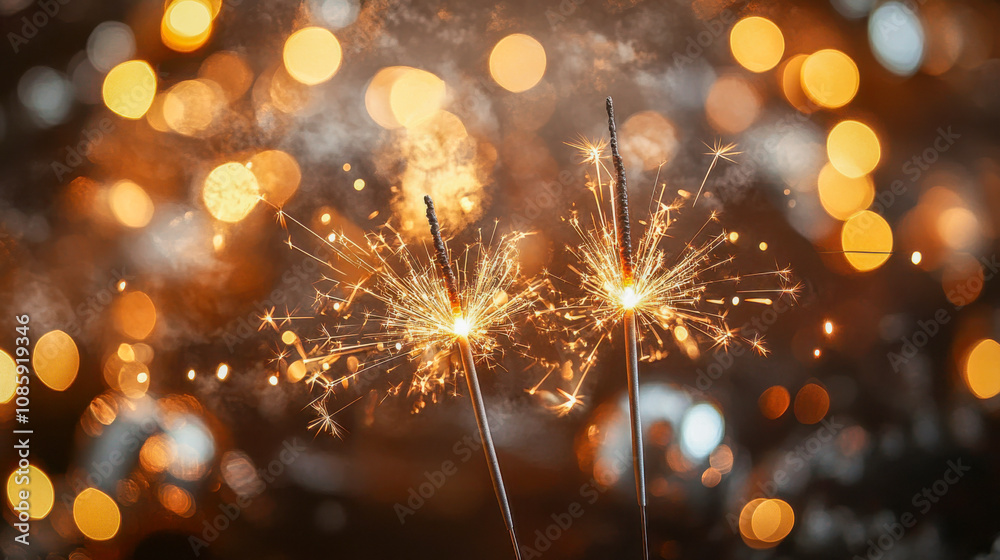 Fototapeta premium Sparkling fireworks against blurry lights backdrop creating festive holiday atmosphere