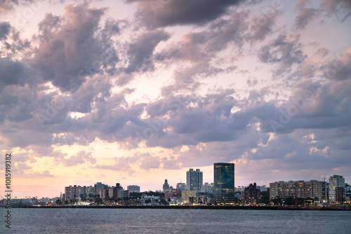 Panoramic view of the city of Montevideo at sunset.