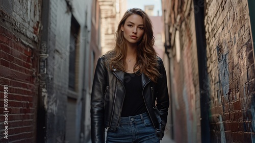 Urban Chic - Stylish Woman in Black Leather Jacket and Jeans Walking Through Alleyway with Soft Natural Light, Casual Fashion Photography