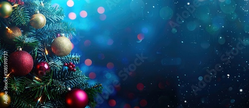 a festive Christmas scene with a decorated Christmas tree on the left side. The tree is adorned with red and gold baubles and has green pine branches. The background is a blurred, dreamy mix of blue 