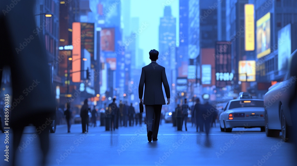 Businessman walking alone through busy city street at dusk in blue hour Businessman walking alone through busy city street at dusk in blue hour