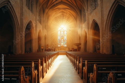 Majestic Gothic Church Interior with Radiant Stained-Glass Window - Spiritual Serenity and Architectural Grandeur